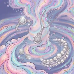 Graphic showcase of surprise accessories found inside jewelry bath bombs, including sterling silver rings, necklaces, and stud earrings.