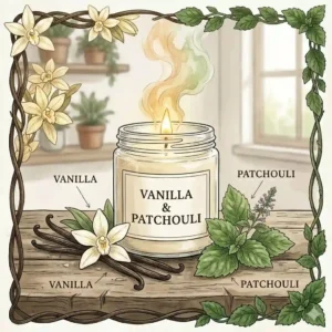 A stylized line art illustration of a lit candle emitting a vanilla and patchouli fragrance in a living room.