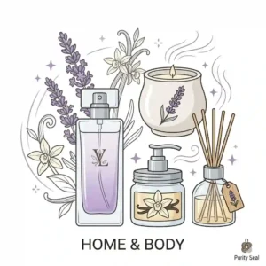 A minimalist graphic showing a product collection including a diffuser, candle, and lotion all featuring the vanilla lavender fragrance.