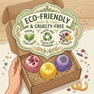 An illustrative badge showing that this handmade bath bomb set is cruelty-free, vegan, and uses eco-friendly packaging.