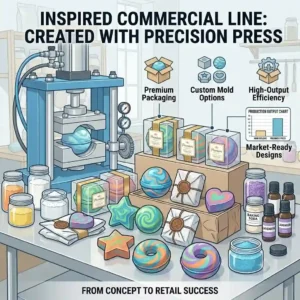 A colorful display of retail-ready, flawlessly shaped bath products created using a high-speed bath bomb press machine.