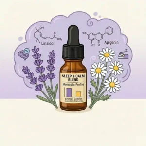 A clean, minimalist product display featuring a clear droplet of calm essential oil suspended in the air, calm essential oil hero shot.