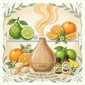 Minimalist illustration of bergamot and citrus fruits, showcasing uplifting yet calming scents.