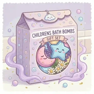 A bright and playful gift box packaging design filled with a variety of multi-colored childrens bath bombs.