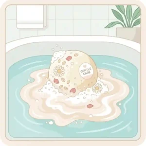 A detailed graphic illustrating the creamy, milk-like texture of dissolving bath bombs for sensitive skin formulated to soothe dry or eczema-prone skin.