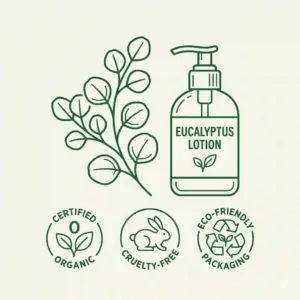 A green line-art illustration emphasizing the organic, cruelty-free, and eco-friendly qualities of a plant-based eucalyptus lotion.