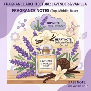 A diagram illustrating fragrance layers, highlighting lavender as the top note and sweet vanilla as the base note of a lavender and vanilla scent.