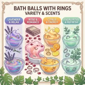 A flat-lay assortment infographic showing various colorful bath balls with rings categorized by scent.
