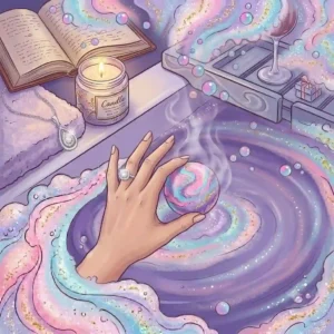 Illustration of a relaxing self-care bath routine featuring a glowing candle, a book, and a soothing jewelry bath bomb experience.