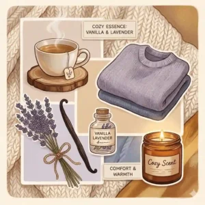 A modern collage of cozy lifestyle icons and plants, defining the signature aesthetic mood of the vanilla lavender fragrance.