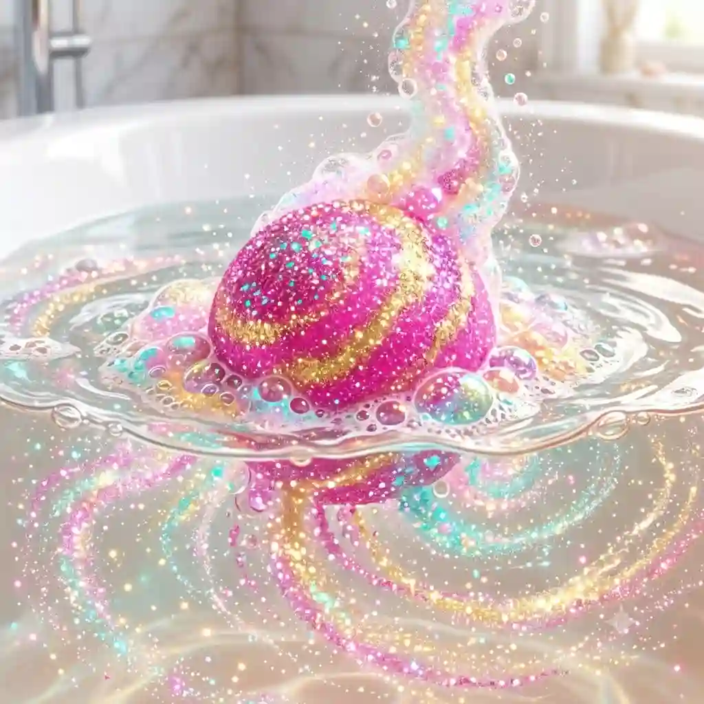 A vibrant pink glitter bath bomb fizzing dynamically in clear bathtub water, releasing swirls of shimmering sparkles and colorful foam.