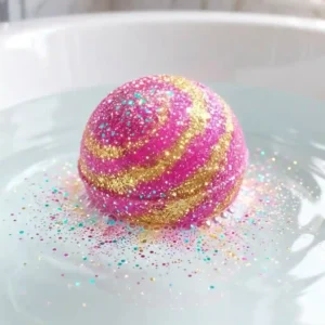 A detailed illustration of a spherical, pastel purple bath bomb coated in fine, biodegradable gold glitter bath bomb sparkles.