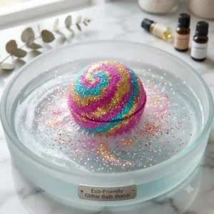 An infographic illustration highlighting the eco-friendly ingredients of a natural glitter bath bomb, featuring a leaf and clean water icon.
