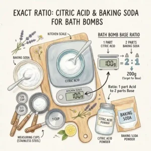 A close-up of a kitchen scale and measuring cups establishing the perfect ingredient ratio, specifically how much citric acid for bath bombs to use.