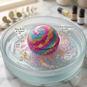 An illustration showing a glitter bath bomb surrounded by nourishing skincare ingredients like shea butter, coconut oil, and essential oils.