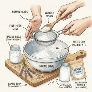 An illustration showing hands carefully sifting baking soda and citric acid for bath bombs into a large steel mixing bowl.