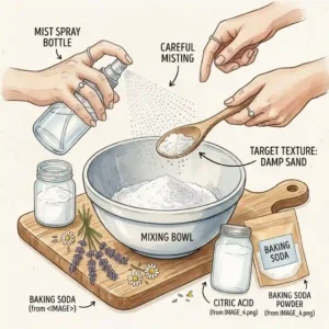 A close-up illustration of a spray bottle lightly misting the mixture, demonstrating how to hydrate citric acid for bath bombs without triggering fizz.