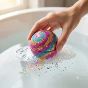 A step-by-step illustration of a hand gently placing a swirling glitter bath bomb into a warm, filled bathtub.