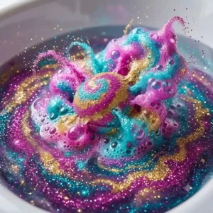 A colorful illustration depicting the foaming explosion of a glitter bath bomb dissolving into shimmering, galaxy-themed bathwater.