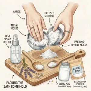 Hands firmly pressing the completed mixture, which includes citric acid for bath bombs, into spherical metal molds.