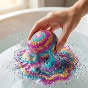 A calming illustration of a luxury bathroom setup with lit candles, a book, and a bathtub filled with sparkly, fragrant glitter bath bomb water.