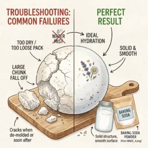 A troubleshooting guide graphic comparing a smooth, successful bath bomb to a cracked one caused by incorrect use of citric acid for bath bombs.