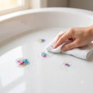An illustration demonstrating a clean, sparkling white bathtub showing how easily a high-quality glitter bath bomb rinses away without staining.