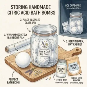 An illustration showing how to properly store finished, moisture-sensitive bath bombs made with citric acid for bath bombs in an airtight glass jar.